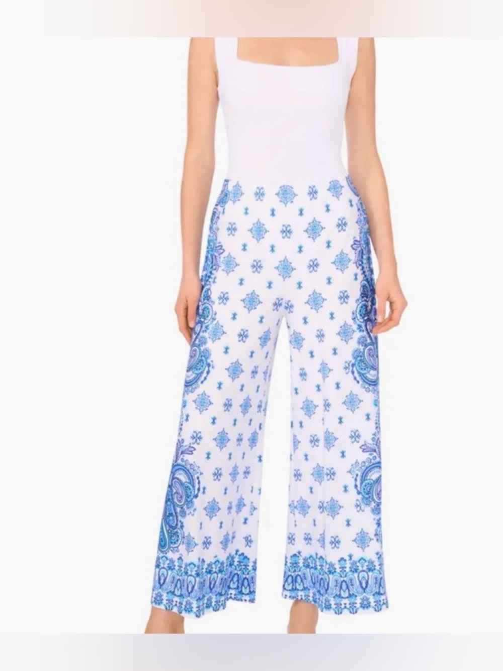 Vince Camuto White&  Blue Paisley Print Wide Leg Palazzo Cropped Pull-On Pants